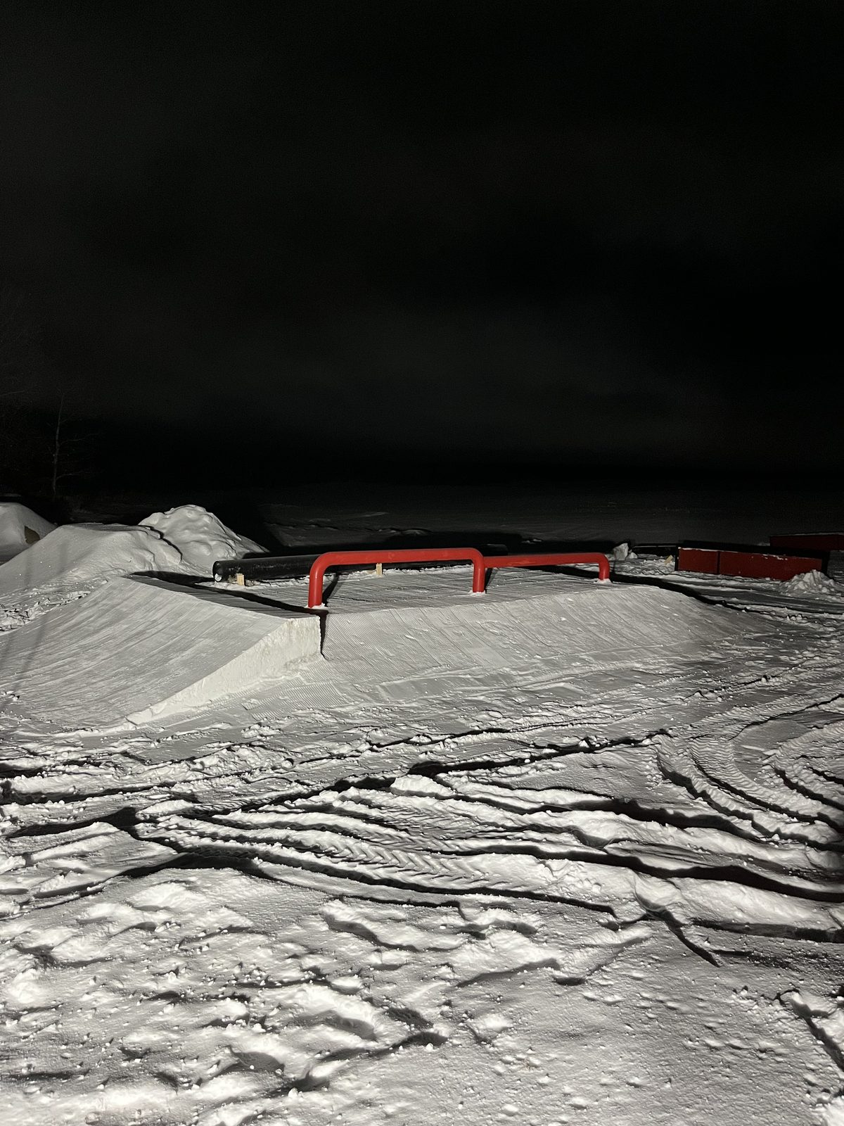 Red rail feature set up on snow