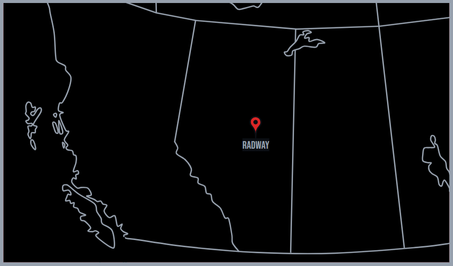 Map of western Canada with Radway, Alberta marked